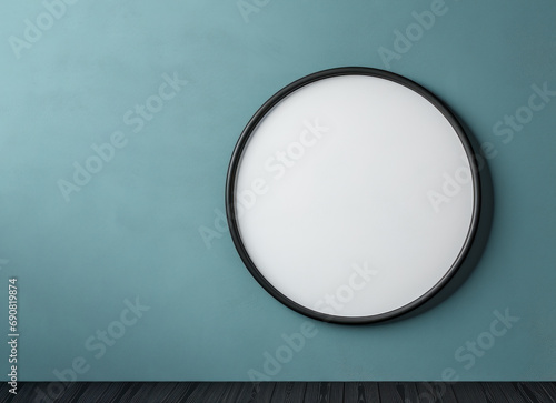blank  circle frame white mockup on blue wall with copy space