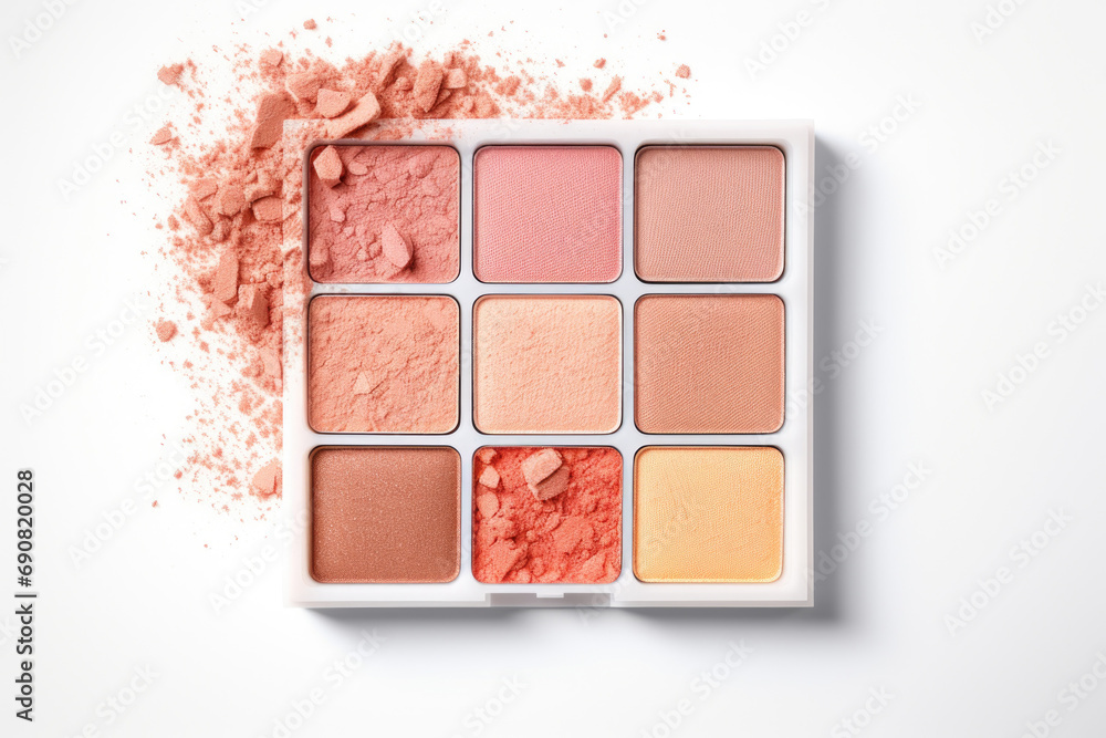 Professional eye shadow palette color of the year Peach Fuzz and a brush on white background Professional eye shadow palette color of the year Peach Fuzz and a brush on white background