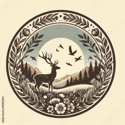 illustration of deer in nature. vintage emblem style. ai generate