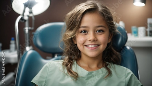 A smiling young girl in a dental chair. Check up by a dentist.