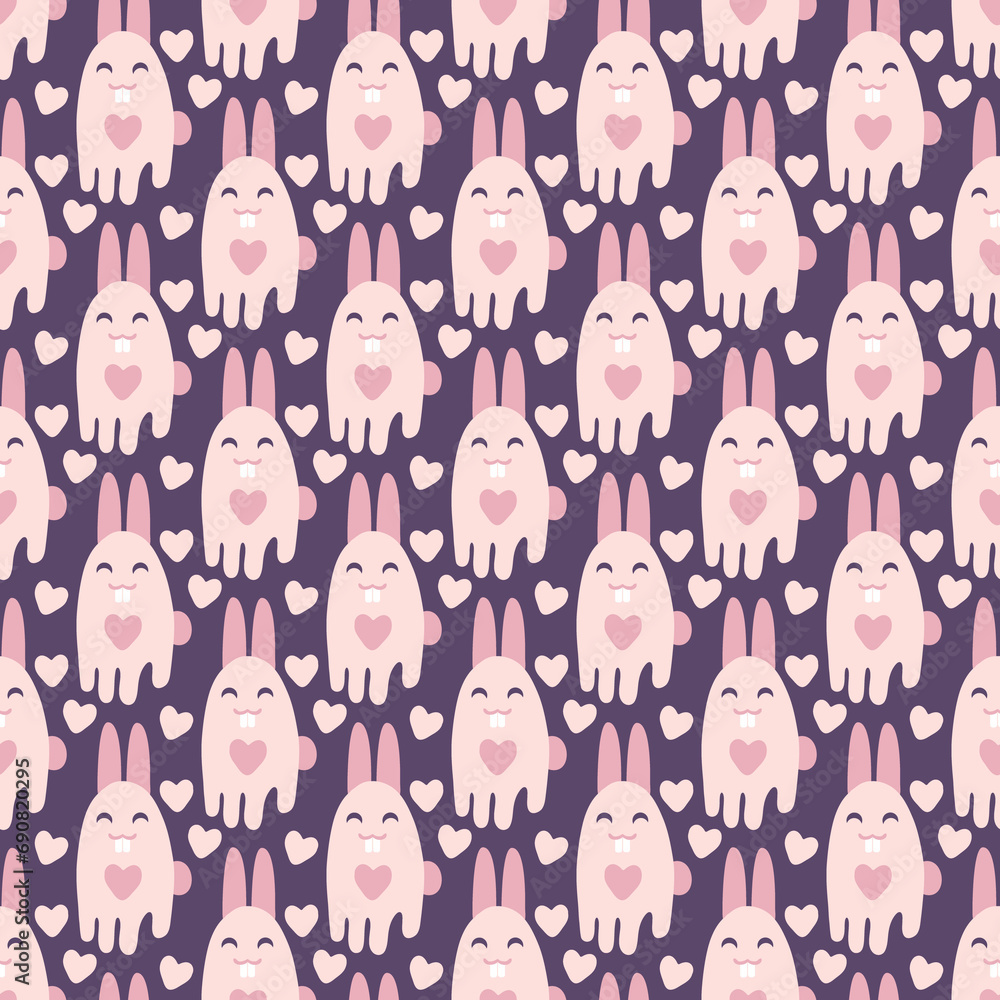 Romantic seamless pattern with big teeth hares and hearts. Vintage style print for T-shirt, textile, fabric, paper. Hand drawn illustration for decor and design. Romantic seamless pattern with big teeth hares and hearts. Vintage style print for T-shirt, textile, fabric, paper. Hand drawn illustration for decor and design.