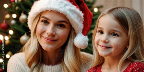 happy mature woman ,30s, blonde caucasian, together with daughter, kid girl, wearing Santa Claus hat at christmas night in front of Christmas fir tree, smiling happy