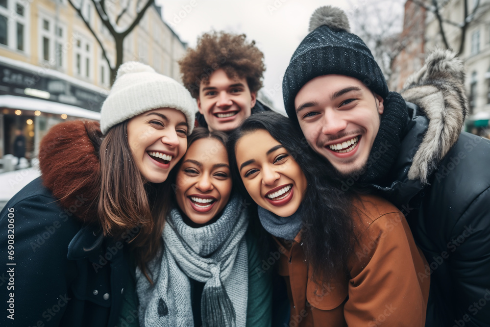 Multiracial group of friends having fun together outdoors on a city street. Young cheerful people walking outside. Generative AI.