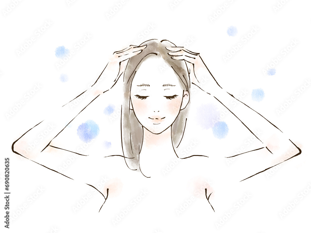 ヘッドマッサージをする女性のイラスト 水彩風 手描き