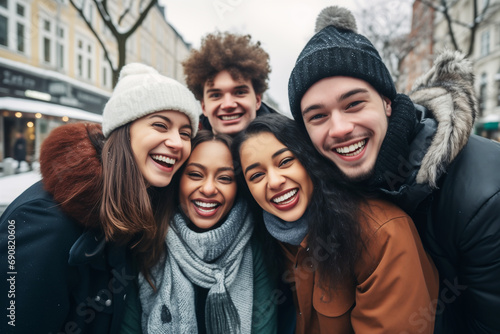 Multiracial group of friends having fun together outdoors on a city street. Young cheerful people walking outside. Generative AI.