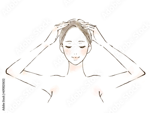 頭のマッサージをする女性のイラスト　セルフケア