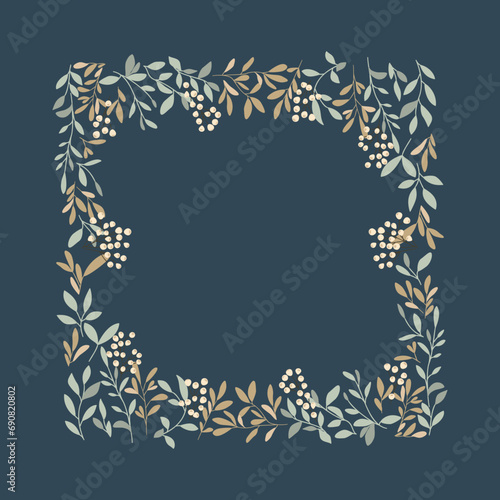 Minimalistyczna botaniczna ramka z liści i gałązek. Dekoracyjne elementy do wykorzystania na zaproszenia ślubne, karty, vouchery, ulotki, tło dla social media.
