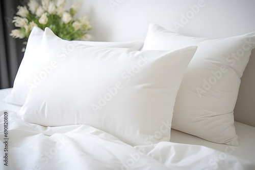 Bedroom interior design details. Comfortable bed with soft white pillows and bedding in bed photo