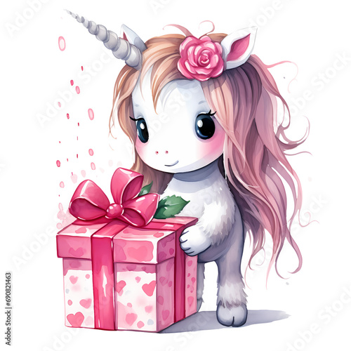 Cute Unicorn Pink Gift Watercolor Clipart Illustration