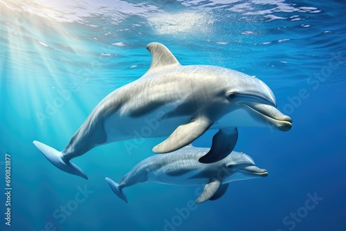 Mother dolphins swim in the blue ocean, with her baby dolphin.