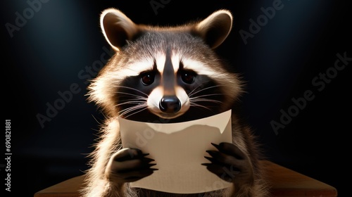 A raccoon holding a letter,