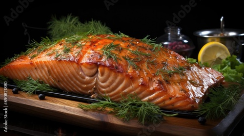 Delicious grilled salmon with vegetable topping, black and blurred background