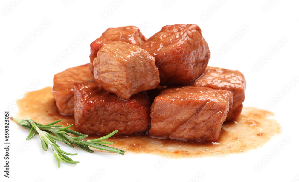 Pieces of delicious cooked beef and rosemary isolated on white. Tasty goulash