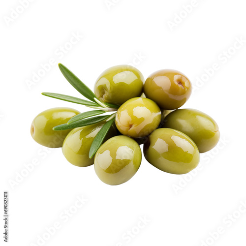 fresh organic hojiblanca olives cut in half sliced with leaves isolated on white background with clipping path