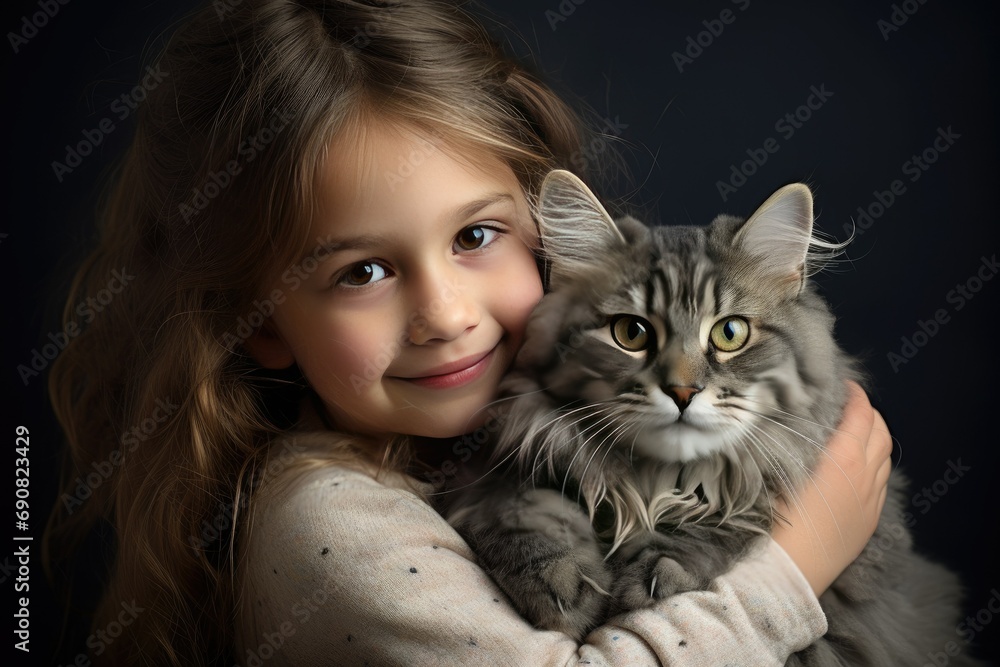 A smiling little girl holds a big, fluffy cat in her hands. Love for animals. Portrait. Animal and human friendship.