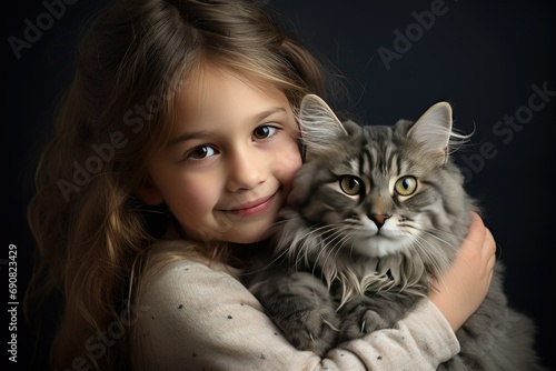 A smiling little girl holds a big  fluffy cat in her hands. Love for animals. Portrait. Animal and human friendship.