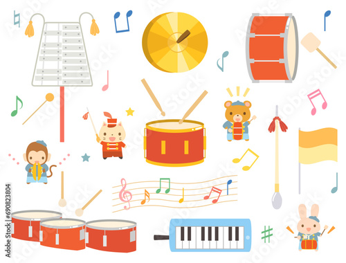 鼓笛隊で使う楽器などをイメージしたイラスト　可愛い動物ありバージョン