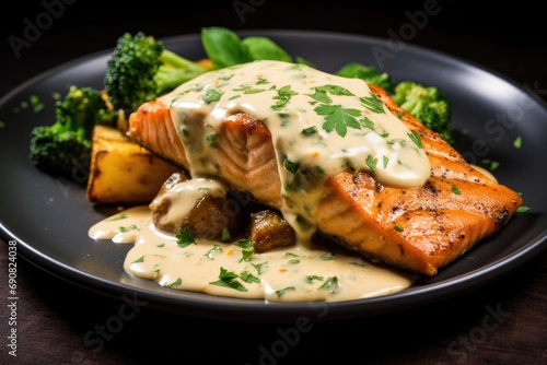 Fried salmon in a creamy sauce with herbs on a dark background