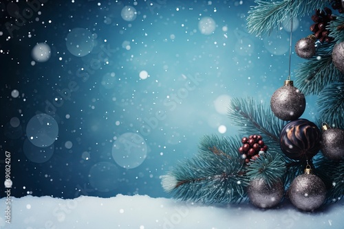 EasytoFind Festive Christmas Background with Fir Branches Balls Snowflakes, copy space with generative ai photo