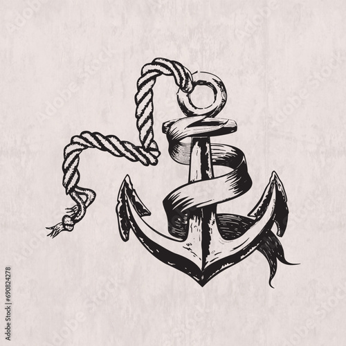 Hand drawn sketch of ship anchor with rope, monochrome
