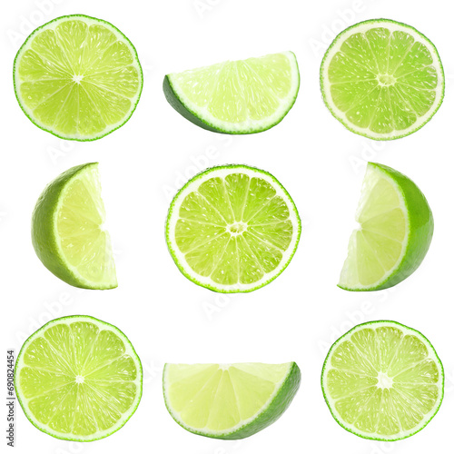 Cut limes isolated on white, set. Citrus fruit