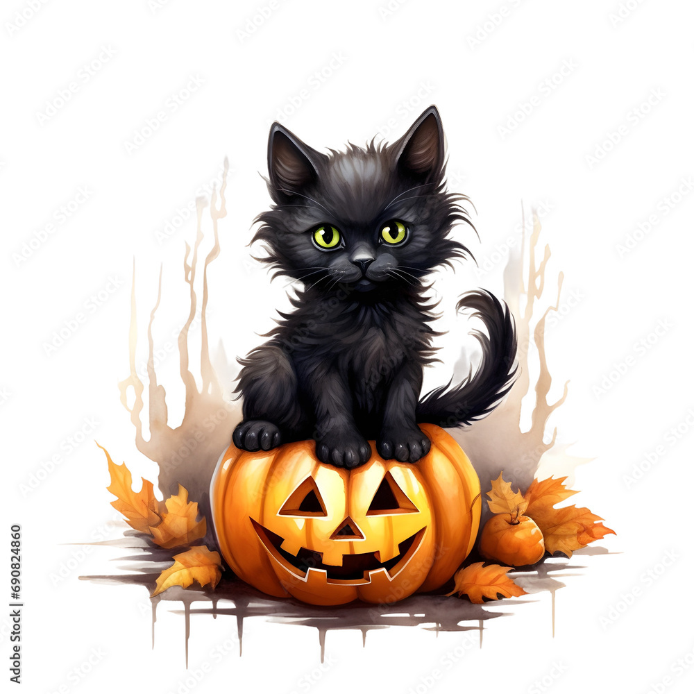 Watercolor halloween cute black cat in witch hat with pumpkin jack-o-lantern on transparency background Watercolor halloween cute black cat in witch hat with pumpkin jack-o-lantern on transparency background