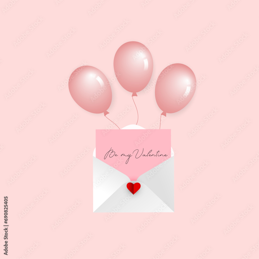 Valentines letter envelope with hearts balloons