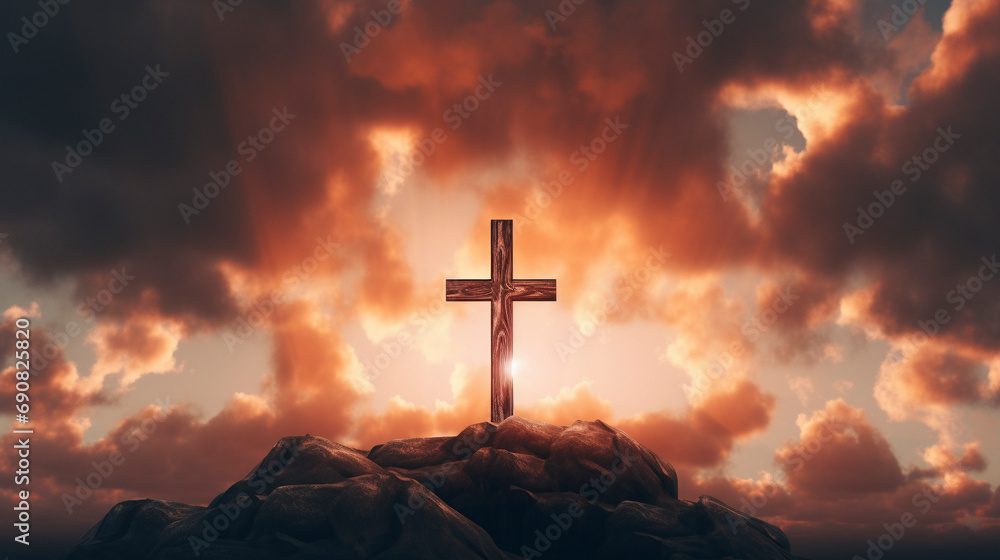 Ethereal Symbol: Cross Against a Golden Sky, Generative AI Ethereal Symbol: Cross Against a Golden Sky, Generative AI