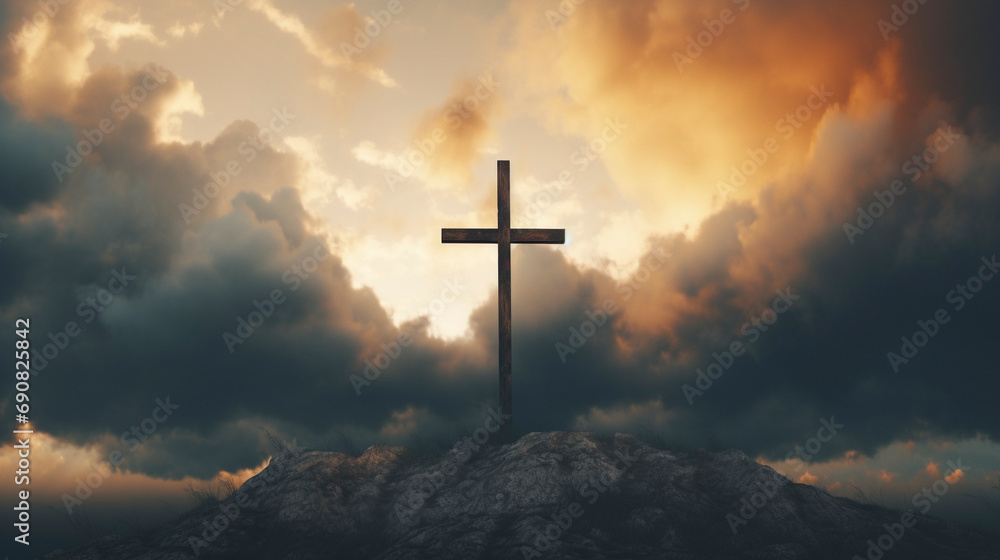 Golden Serenity: Cross in the Evening Radiance, Generative AI Golden Serenity: Cross in the Evening Radiance, Generative AI
