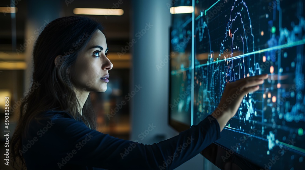 A female data scientist developing a machine learning model using AI. Her screen is filled with complex algorithms and data flow diagrams. generative AI - obrazy, fototapety, plakaty 