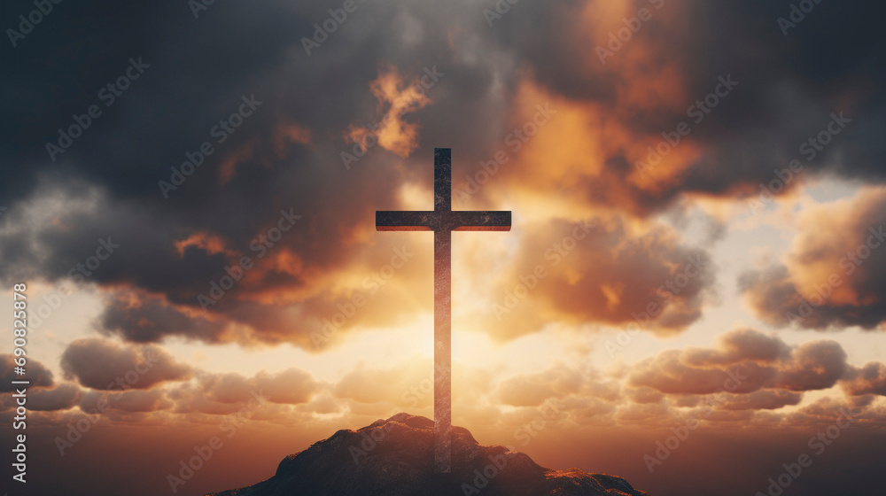 Ethereal Radiance: Cross Bathed in Sunset Light, Generative AI Ethereal Radiance: Cross Bathed in Sunset Light, Generative AI