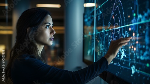 A female data scientist developing a machine learning model using AI. Her screen is filled with complex algorithms and data flow diagrams. generative AI