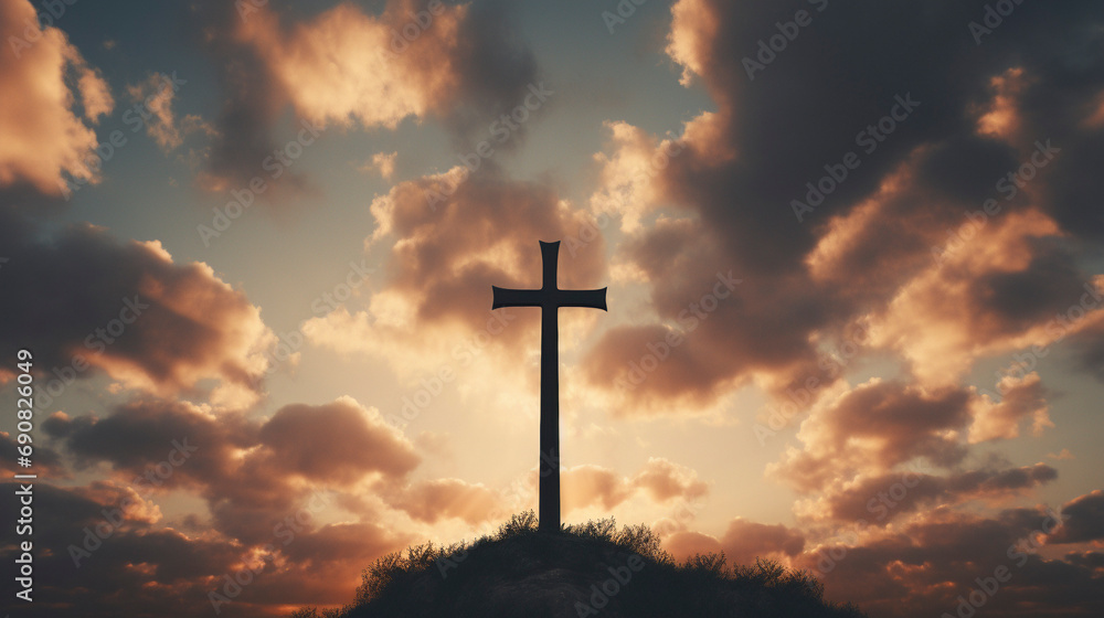 Naklejka premium Ardent Faith: Cross Bathed in Golden Light, Generative AI