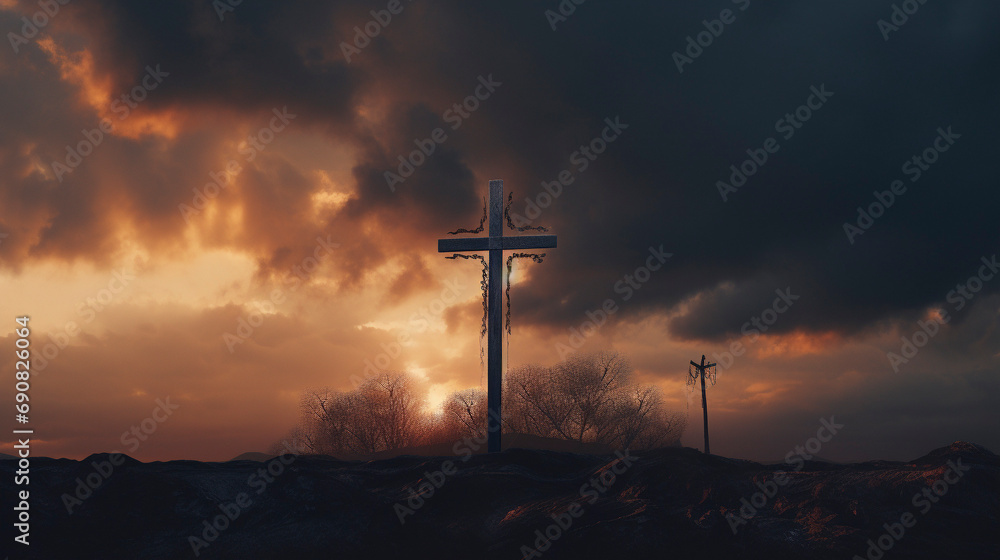 Naklejka premium Sacred Sunset: Cross Illuminated by Evening Light, Generative AI