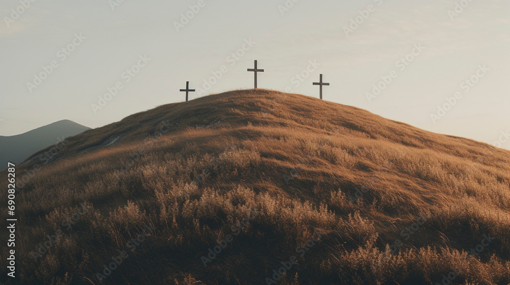 Hallowed Horizon: Three Crosses at Sunset, Generative AI