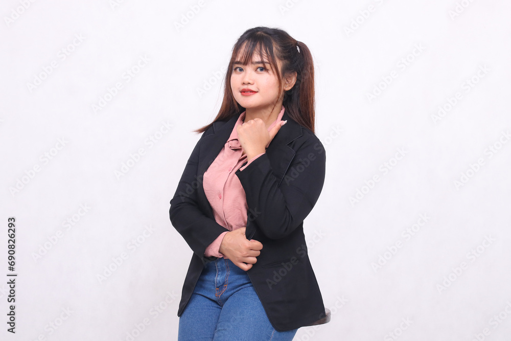 Beautiful happy Asian office woman in her 20s smile wearing suit shirt casual working professional right sided thumbs up sign on white background studio portrait for banner ad, banner, billboard Beautiful happy Asian office woman in her 20s smile wearing suit shirt casual working professional right sided thumbs up sign on white background studio portrait for banner ad, banner, billboard