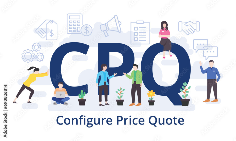 CPQ - Configure Price Quote concept with big word text acronym and team people in modern flat style vector illustration CPQ - Configure Price Quote concept with big word text acronym and team people in modern flat style vector illustration