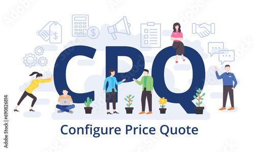 CPQ - Configure Price Quote concept with big word text acronym and team people in modern flat style vector illustration