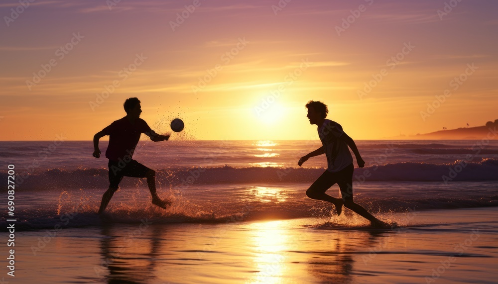 Silhouettes two boys young men playing ball on beach at sunset
