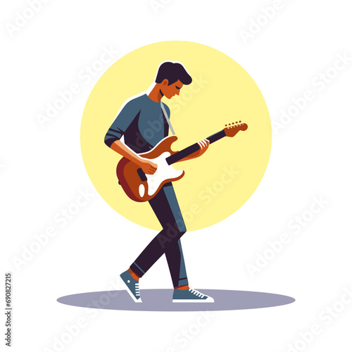 Standing man playing electric guitar flat design vector illustration.