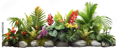 Tropical plants bush and Decorative with stones garden, Floral arrangement nature isolated on transparent background