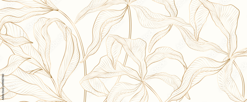 Luxury light art background with a silhouette of exotic tropical leaves in a golden line art style. Botanical pattern for wallpaper design, decor, print, textile, interior.