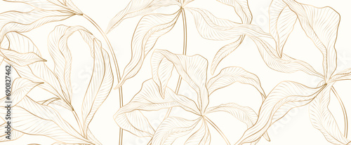 Luxury light art background with a silhouette of exotic tropical leaves in a golden line art style. Botanical pattern for wallpaper design, decor, print, textile, interior.