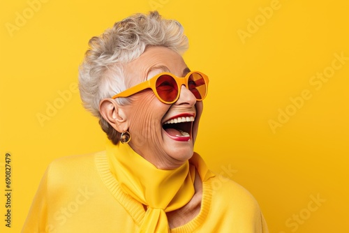 portrait of a cheerful smiling elderly grandmother in glasses on a yellow background © InfiniteStudio
