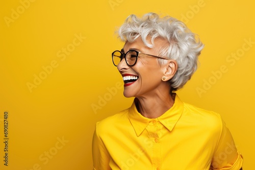portrait of a cheerful smiling elderly grandmother in glasses on a yellow background