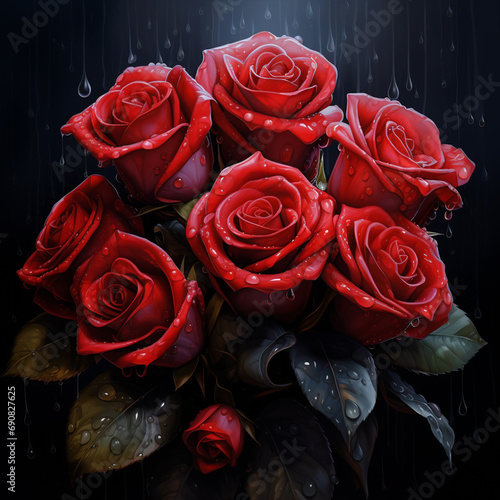 illustration of three a bouquet of roses with dew drops on dark background