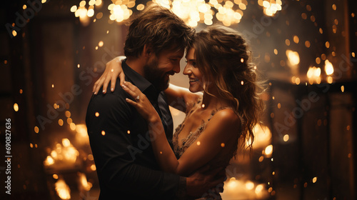 a man and a woman embracing to dance surrounded by sparks of light