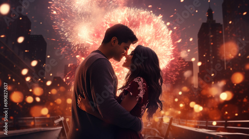 a couple about to kiss in front of fireworks in a city