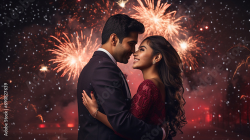 a couple of young lovers dressed in gala dresses in front of fireworks