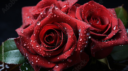 close up of red roses with dew drops